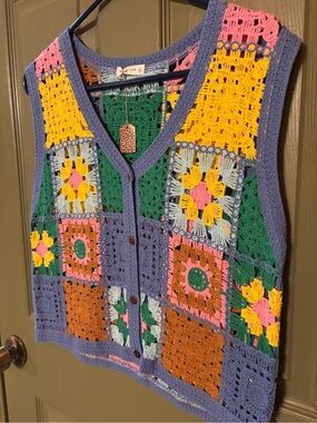 NWT-Crochet Patchwork Vest in Purple with Multicolor Accents